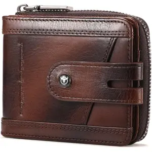 Men’s Genuine Leather Wallet with Zipper – RFID Blocking Large Capacity Wallet with 14 Card Slots & ID Window