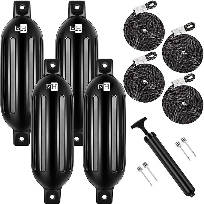 VIVOHOME Vinyl Ribbed Boat Fenders 4 Pack, Boat Bumpers with Ropes, Needles, and Pump to Inflate Fit for Yachts, Sailing Dinghies, Bass Boats
