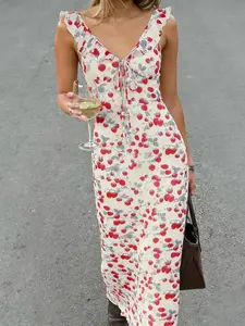 Strawberry Print Ruffle Sleeveless Dress V Neck Tie Waist Cute Y2K Vacation Beach Elegant Long Summer Women's Fashion