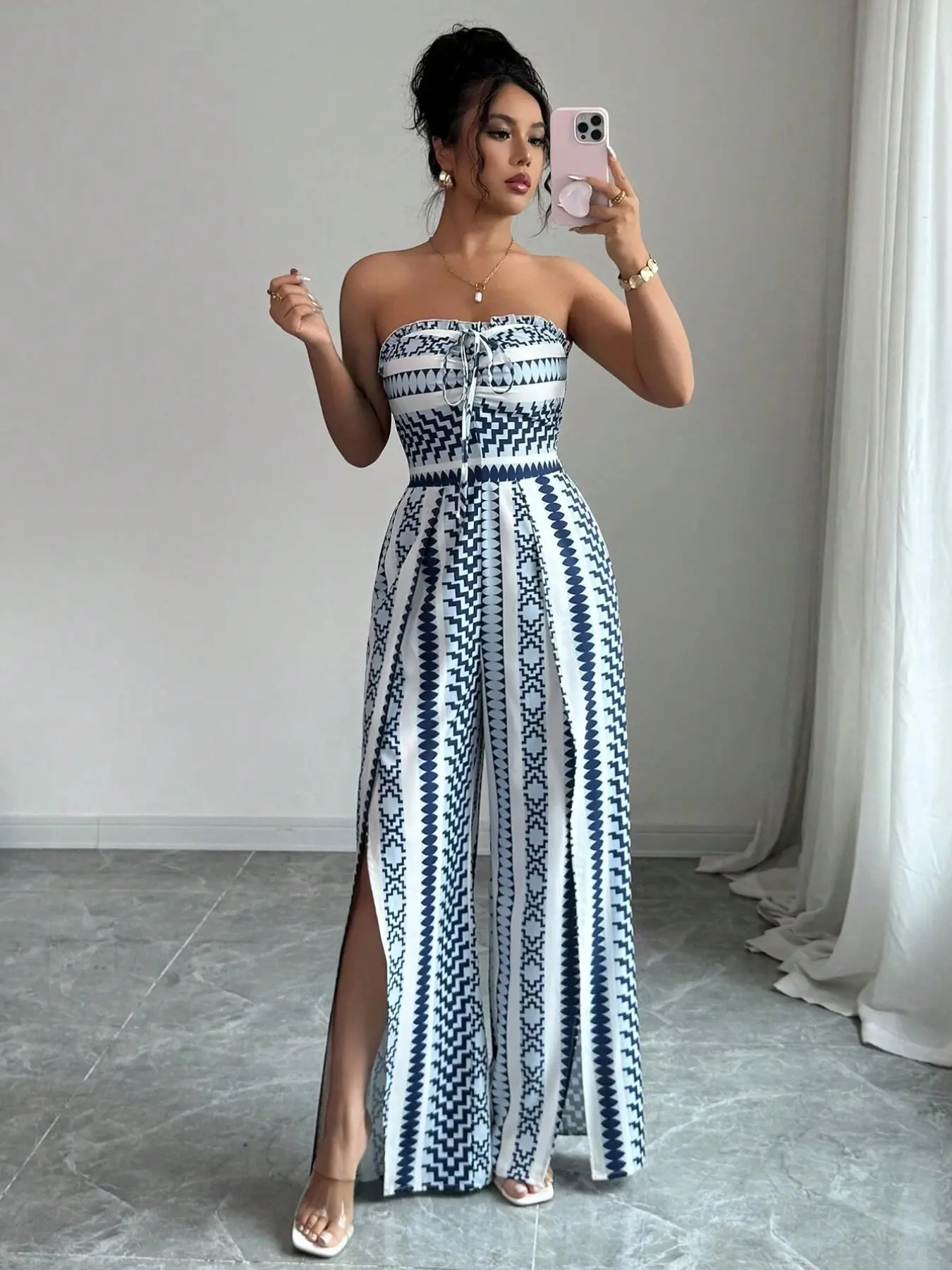 Breathable Flowy Wide Leg Printed Jumpsuit, Sleeveless Boho Style, High Waist, Leaf Print, Split Thigh, Perfect for Beach, Work, Date Night