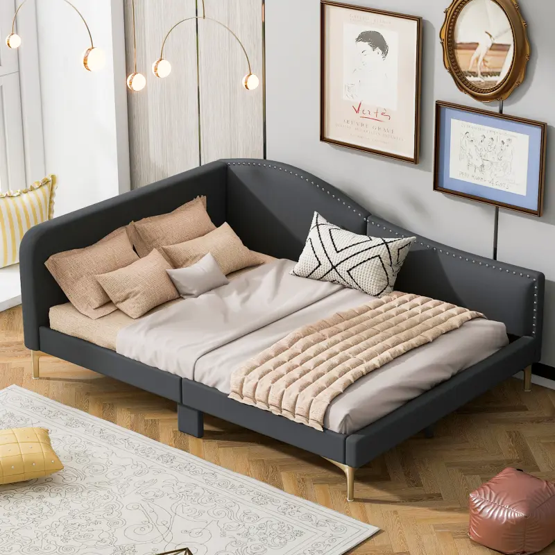 Linen Upholstery Full Size Daybed Frame with Golden Metal Legs, Nailhead Trim, Wood Slat Support, Daybed with Armrest, No Box Spring Needed, Grey