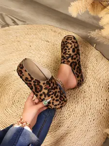 Women's Leopard Print Slip-On Mules, Vintage Classic Low-Top PU & Rubber Shoes, Comfortable Half-Slip on Lazy Shoe Design Footwear