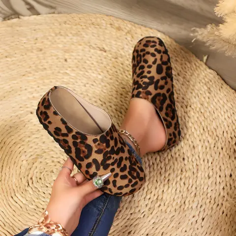 Women's Leopard Print Slip-On Mules, Vintage Classic Low-Top PU & Rubber Shoes, Comfortable Half-Slip on Lazy Shoe Design Footwear, Rubber Slip Ons, Slip On Style