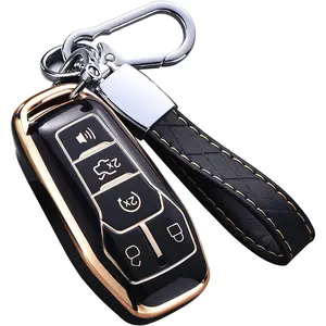 for Ford Key Fob Cover with Keychain, Premium Soft TPU Full Protection Key Fob Case for Ford Fusion Mustang F150 Edge Explorer Lincoln MKZ MKC MKX Smart Remote Key Protector (Size B-Black)