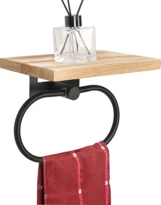 TocTen Nature-Inspired Hand Towel Ring with Wood Shelf, Black Wall-Mount Bathroom Holder, Nature-Inspired Towel Rings