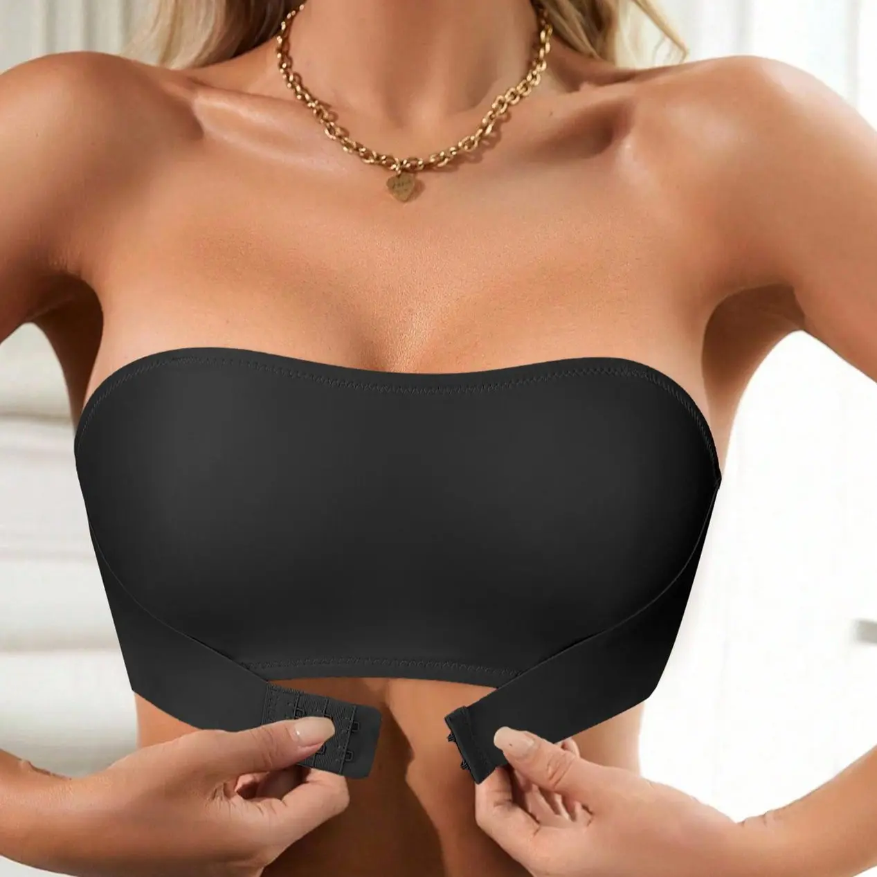 Ecomilky Women's Minimalist Plain Strapless Bra - Wire-Free Bandeau, Pushup, Front Closure, Buckle-Enhanced, Smooth, Comfortable, Breathable, Seamless Soft Black Underwear for Bridal, Everyday Wear (Do Not Wash) | Convertible, Support Strapless Bras