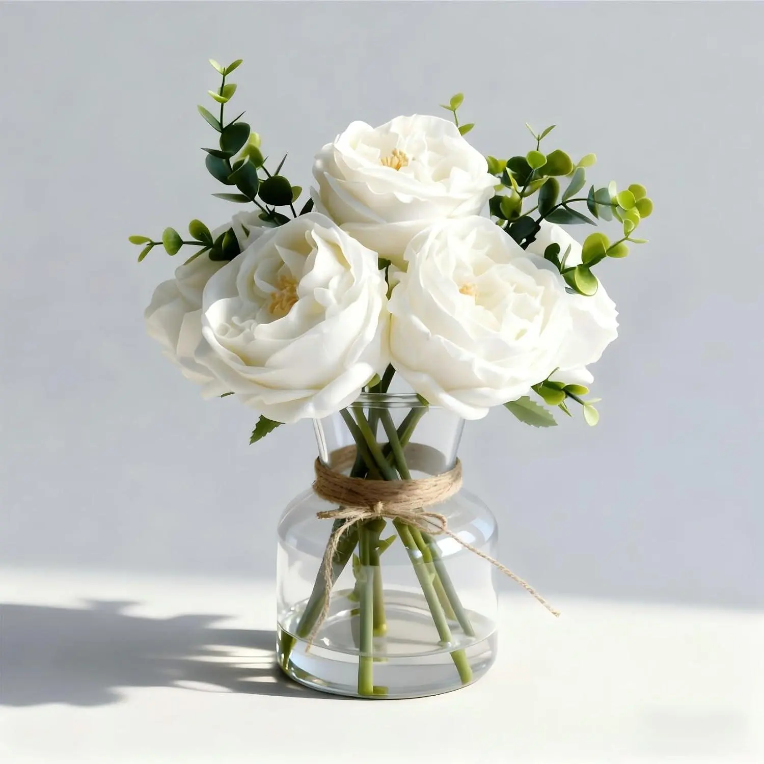 GARVEE Artificial White Roses in Vase, Lifelike Faux Flowers Arrangement with Artificial Water, 13×10 Fake Flowers in Vase for Dining Table Centerpiece