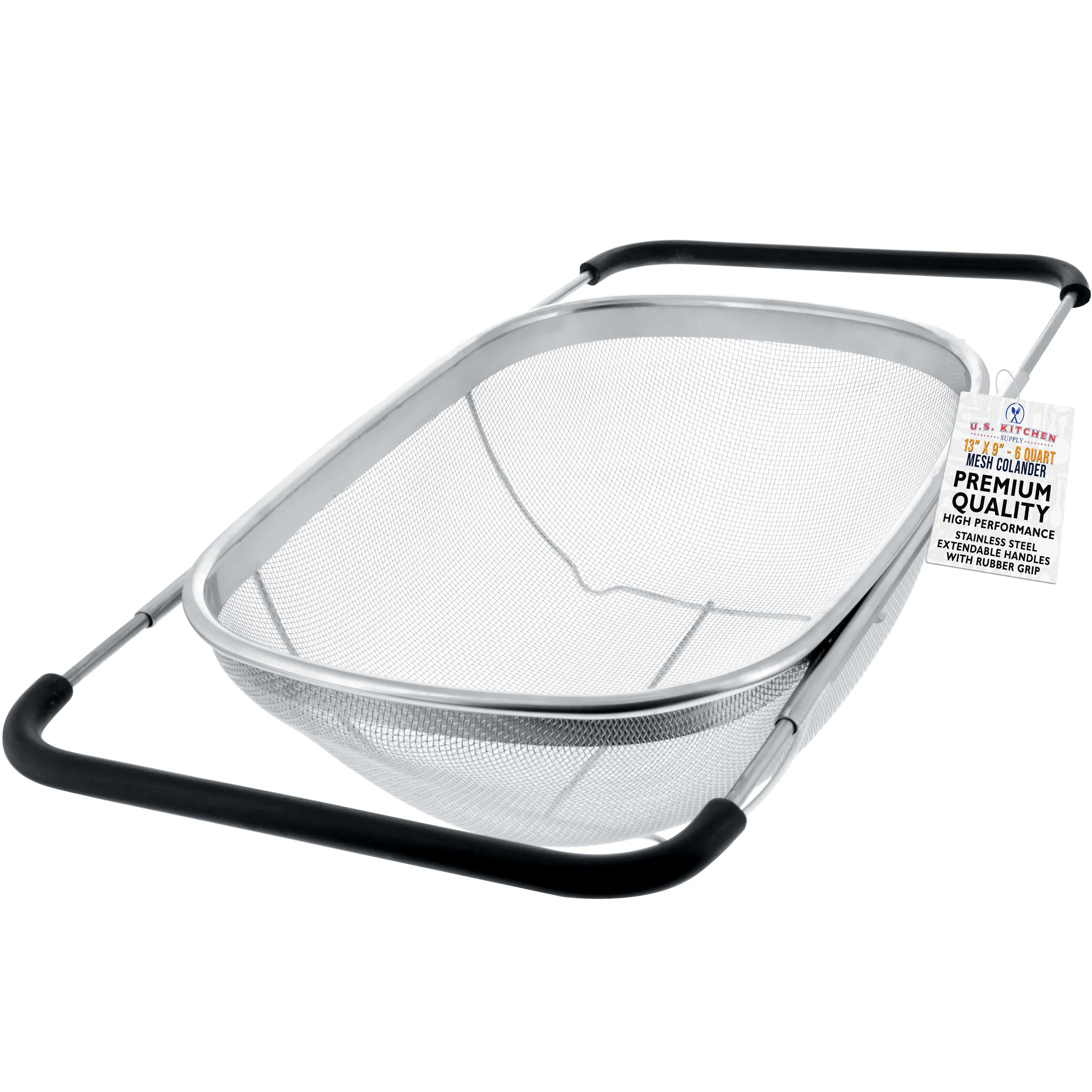U.S. Kitchen Supply Stainless Steel Colander Strainer - 6-Quart Collapsible Colander with Expandable Rubber Handles - Rectangular Sieve, Fine Mesh Stainless Steel Strainers and Colanders for Kitchen