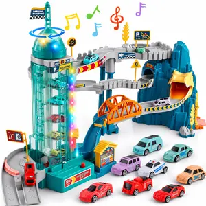 Dinosaur Race Track Set for Kids, Electric Spiral Elevator Car Track Toy with Parking Garage, Bridge, Dinosaur Tunnel, Mini Vehicles, Lights & Music Racing Playset for Boys Girls