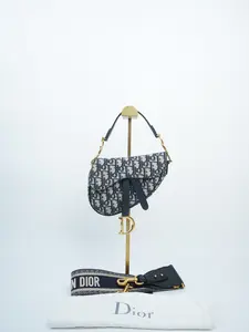 Pre-owned Dior canvas Crossbody Bags Christian Oblique Mini Saddle Bag Blue with Strap