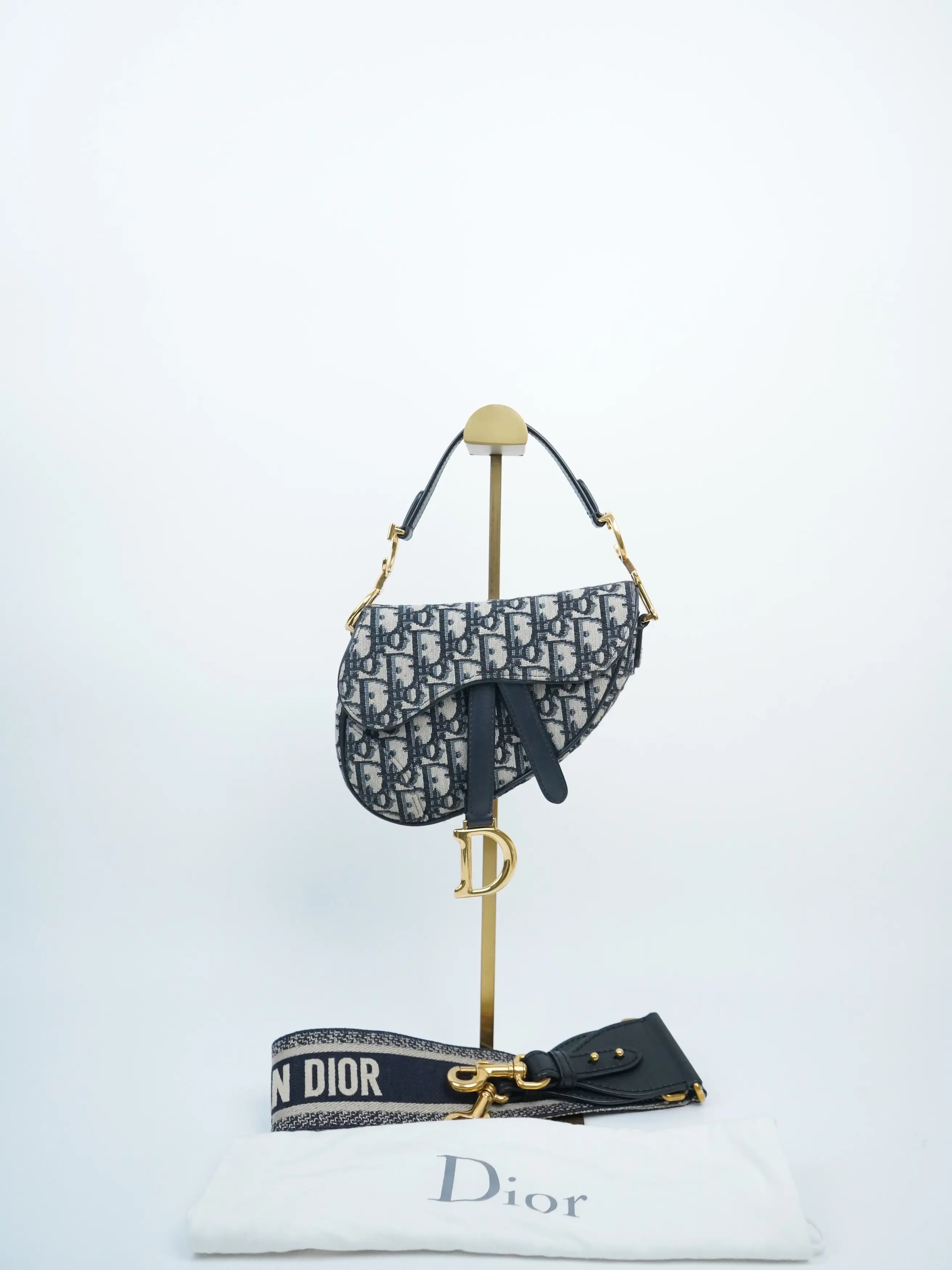 Pre-owned Dior canvas Crossbody Bags Christian Oblique Mini Saddle Bag Blue with Strap