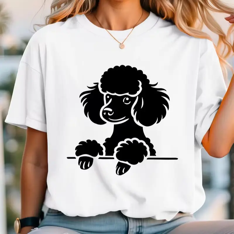 Cute Peeking Poodle Dog Graphic Tee Black White Silhouette Pet Lover Oversized White Casual Women’s T-Shirt Dog Mom Top