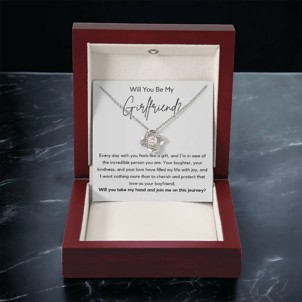 "Will You Be My Girlfriend" Love Knot Necklace Gift Box - Romantic Proposal Jewelry Gift for Future Girlfriend with Sentimental Message Card, Valentine's Day, Anniversary, Birthday Present for Her
