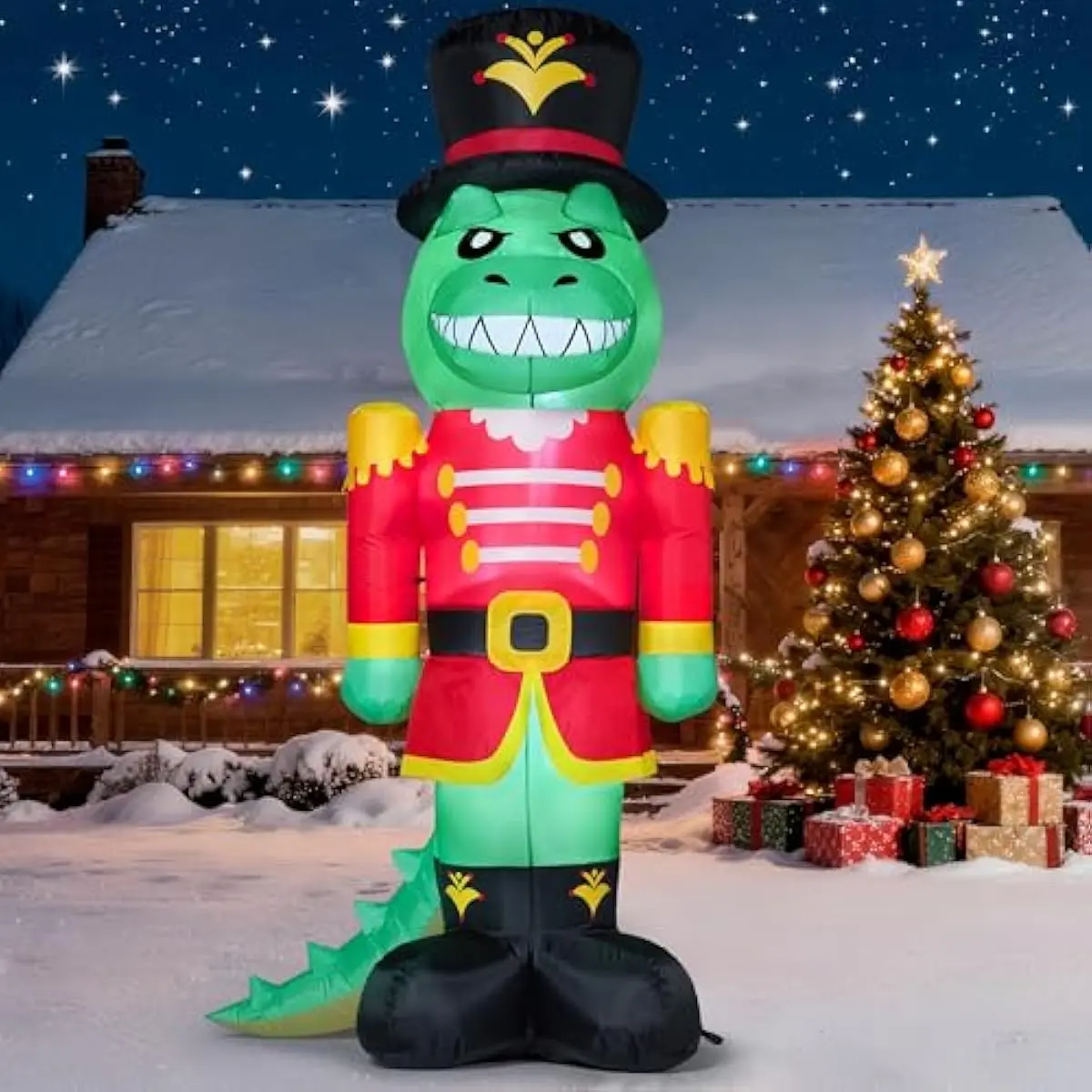 Christmas Inflatable Dinosaur Nutcracker with Build-in LEDs, Xmas Blow Up Dinosaur Nutcracker for Christmas Inflatable Outdoor Decoration Xmas Party, Outdoor, Yard, Garden, Lawn Decor