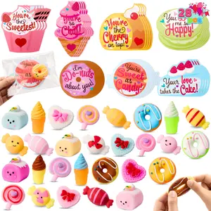 JOYIN 28 Packs Gift Cards with Candy Mochi Squishy Toys, Stress Relief Fidget, Cute Squeeze Toys for Kids Party Favors, Classroom Gift Exchange and School Reward &28Pcs Glow Mochi
