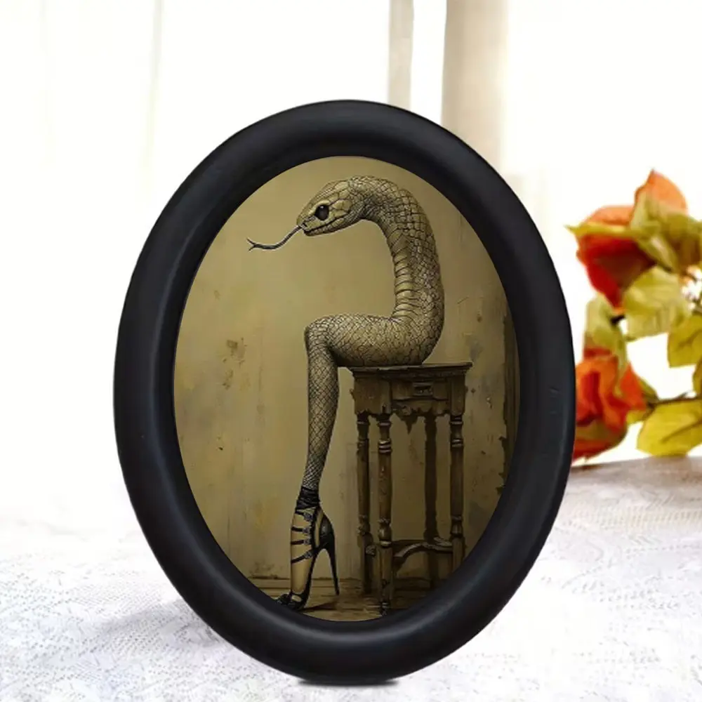 Vintage Dark Style Snake Figure Decoration, Surreal Snake Woman Art on Wooden Table, Elliptical Frame, Mdf Material, Home Decor, No Precious Metal Plating