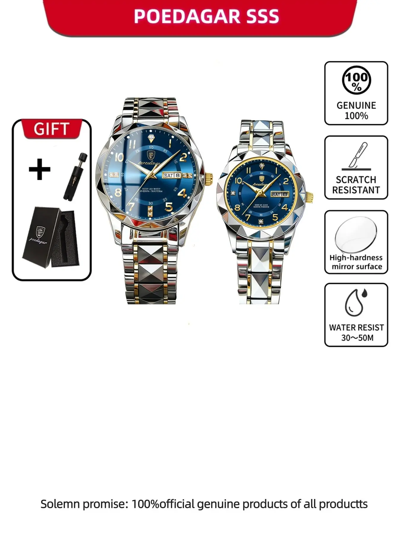 POEDAGAR luxury fashion couple watch trend casual couple quartz stainless steel watch waterproof night light dating week couple watch lights up every date he and she Luminous Waterproof Watch Fashionable Watch