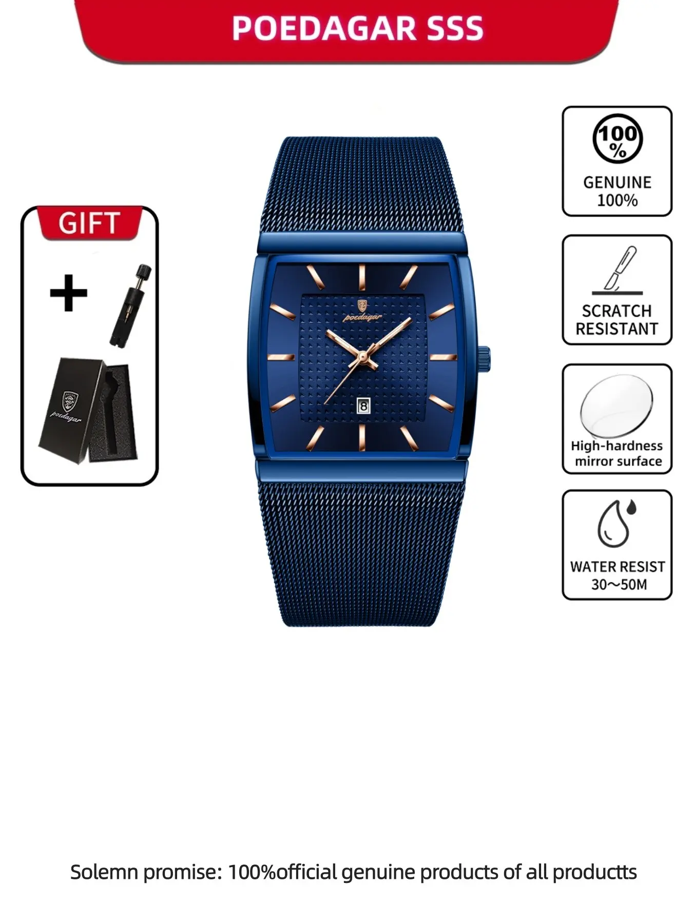 Poedagar Luxury Casual Men's Watch Waterproof Luminous Date Rectangular Men's Watch Mesh Stainless Steel Fashion Men's Suitable for Daily Wear Analogue Quartz Watch