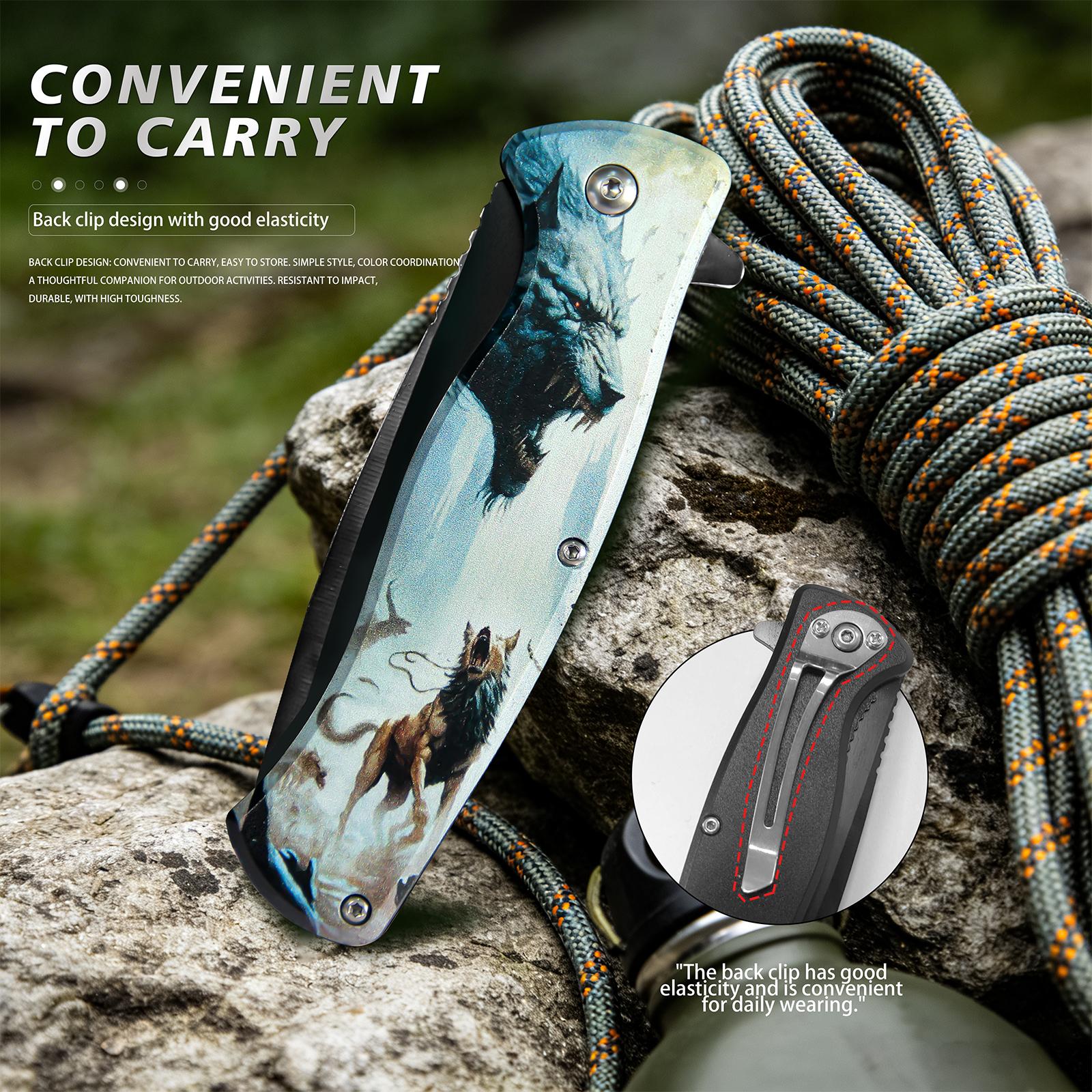 Wolf Pattern Folding Kitchen Knife | Sharp Fruit & Food Prep Tool Decorative Wolf-Themed Folding Kitchen Knife | Ideal Gift for Cooks Folding Kitchen Knife Fruit Prep Knife Portable Cooking Knife Compact FoldableKitchen PrepTool for DailyUseGiftable Wolf