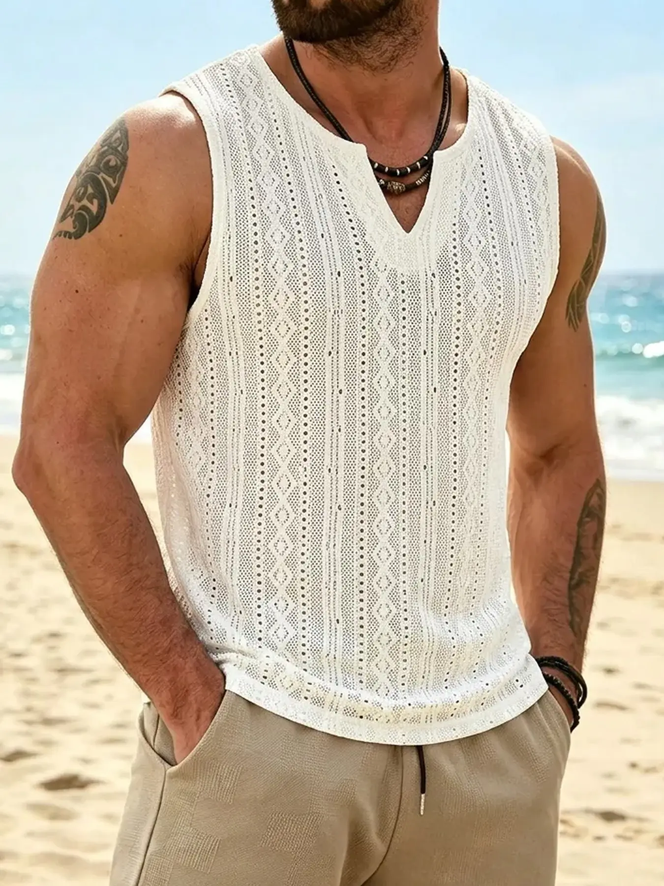 Men's Boho Crochet Knit Tank Top - One-Size-Fits-Most Breathable Hollow Out Sleeveless Shirt, Muscle Fit V-Neck, Lightweight Beach Vacation Top, Versatile for Beach, Streetwear & Festival