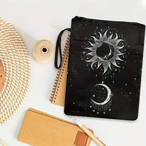 Sun & Moon Pattern Canvas Book Cover, 1 Count Classic Style Zipper Book Cover with Front Pocket, Washable Book Protector for Women, Office Desk Accessories