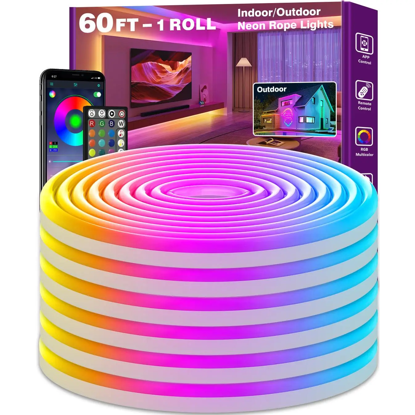 Led Neon Rope Lights 60FT,Control with App/Remote,Flexible Led Rope Lights,Multiple Modes,IP68 Outdoor RGB Neon Lights Waterproof,Music Sync Gaming Led Strip Lights for Bedroom Indoor tiktokshopbacktoschool