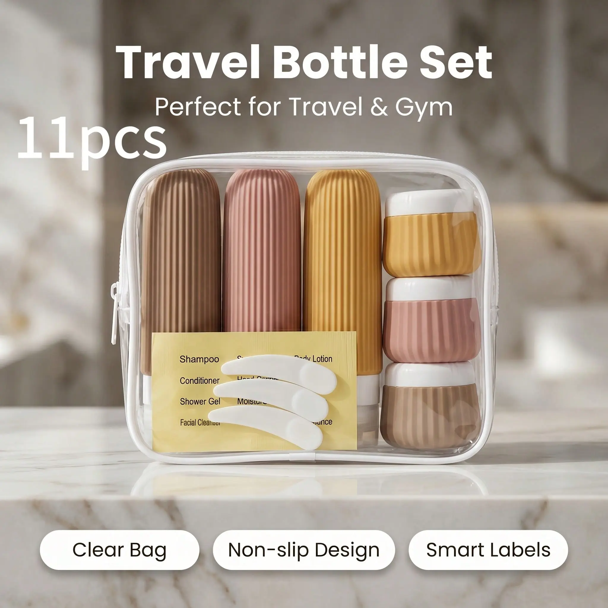 11Pcs Leakproof Silicone Travel Bottles Refillable Cosmetic Travel Containers Set with Labels Toiletry Bag Travel Kit for Shampoo Body Wash Skincare Liquid Ideal Vacation Business Trip Gym Camping Travel Accessories
