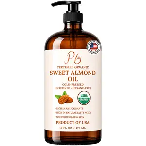 Pomberries Almond Oil 16 fl oz, USDA Organic Cold-Pressed Sweet Almond Oil for Skin, Hair & Body, Premium Organic Carrier Oil in Glass Bottle with Pump, Non-Greasy, Unscented, Hexane-Free