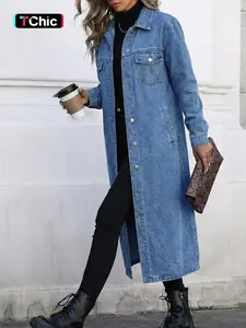 Women's Light Wash Long Denim Trench Coat, Button Down Lapel Collar Pocket Detail, Trendy Y2K Retro Chic Jacket for Daily Wear