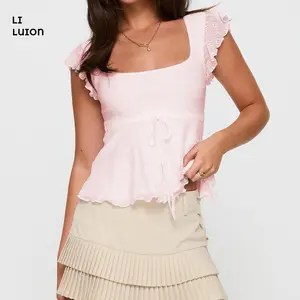 Women Lace Tank Top Cap Sleeve Vintage Floral Sheer Blouse