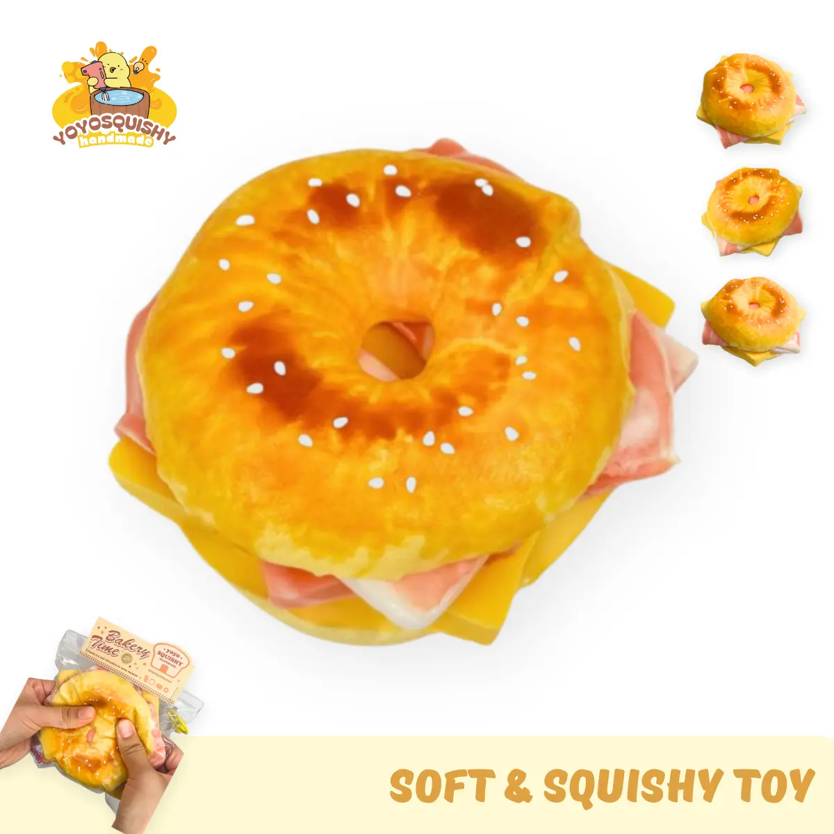YOYOSQUISHY Cheese Bacon Bagel Taba Decompression Squishy Toy - Handmade Sensory Friendly Stress Relief Ball, Food-Grade Silicone, Slow Rebound, Soft Muddy Texture, Calm Corner Emotional Regulation Gifting Item