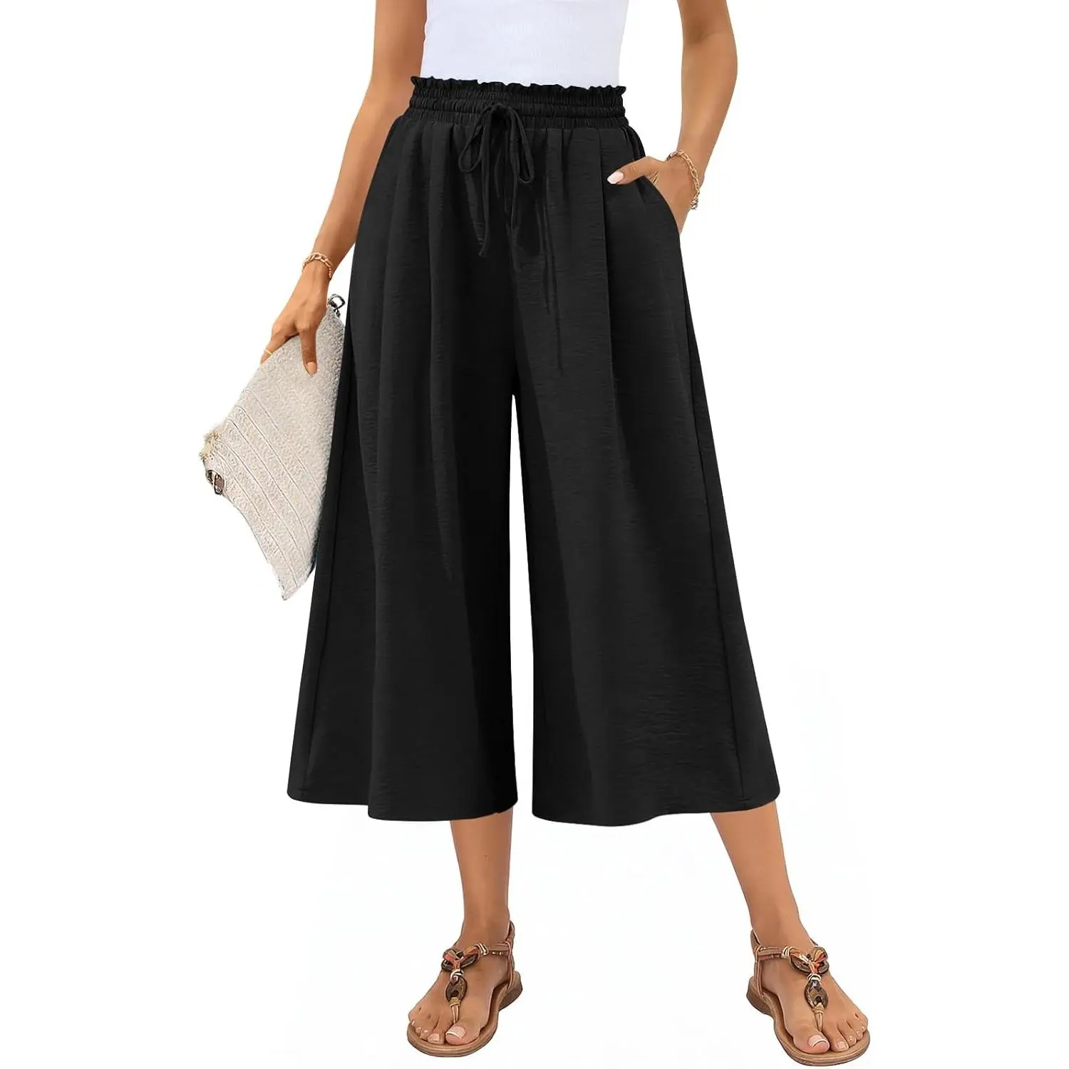 Anyally Womens Capri Palazzo Pants Wide Leg Summer High Waisted Gaucho Capris Business Casual Trousers with Pockets 2026