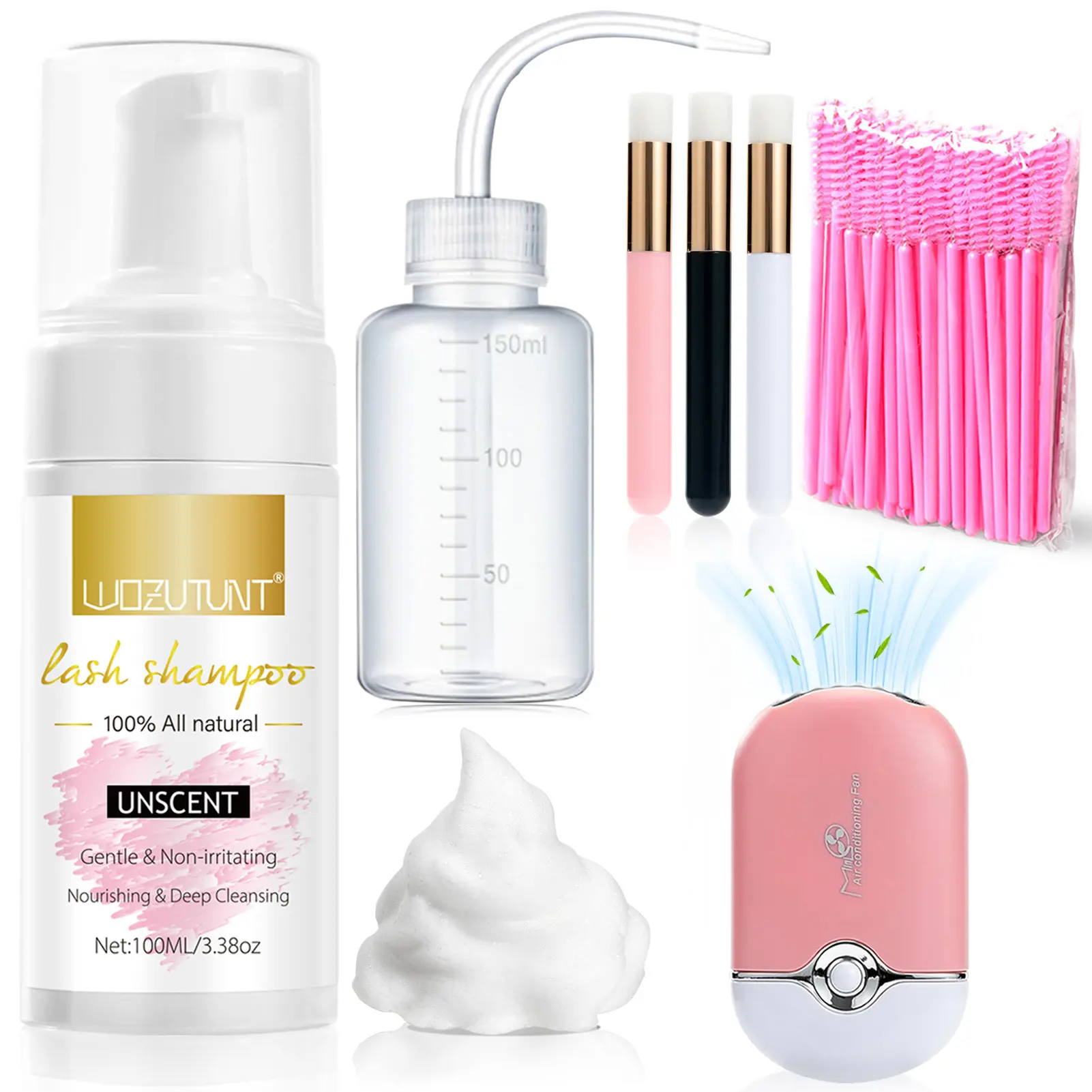 3.38oz Eyelash Extension Cleanser - Lash Mousse Shampoo, Lash Brushes, Cleanser Brush, Wash Bottle for Long-Lasting Lashe  Daily Mascara Nourishing