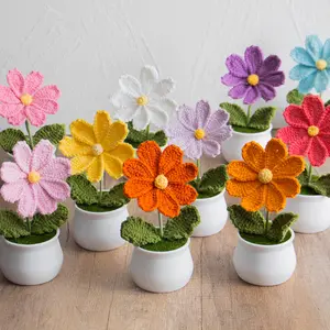 Handmade Crochet Flower Potted Plant, 6 Counts/set Cute Mini Knitting Potted Plant, Creative Gift for Mother & Father, Home Decoration, Fruit, Flower Design, Crochet Artificial Flowers