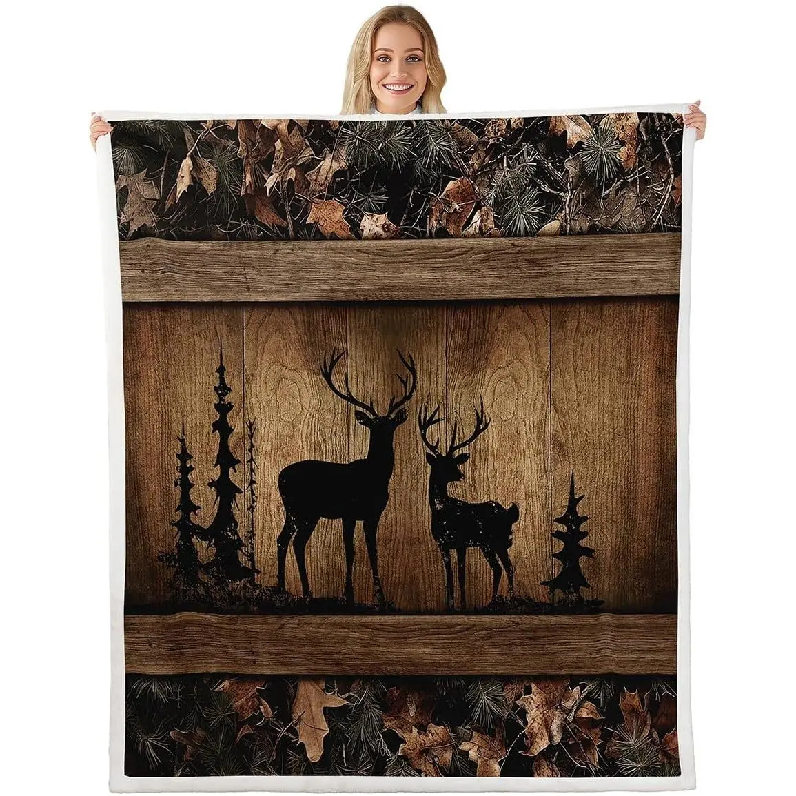 Rustic Cabin Fleece Bed Blanket Camo Hunting Deer Throw Blanket Farmhouse Woodland Animal Sherpa Blanket Men,Tree Camouflage Wildlife Flannel Blanket