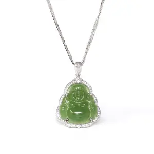 RealJade Co. Natural Green Nephrite Jade Buddha Necklace In Sterling Silver With Moissanites Auspicious
