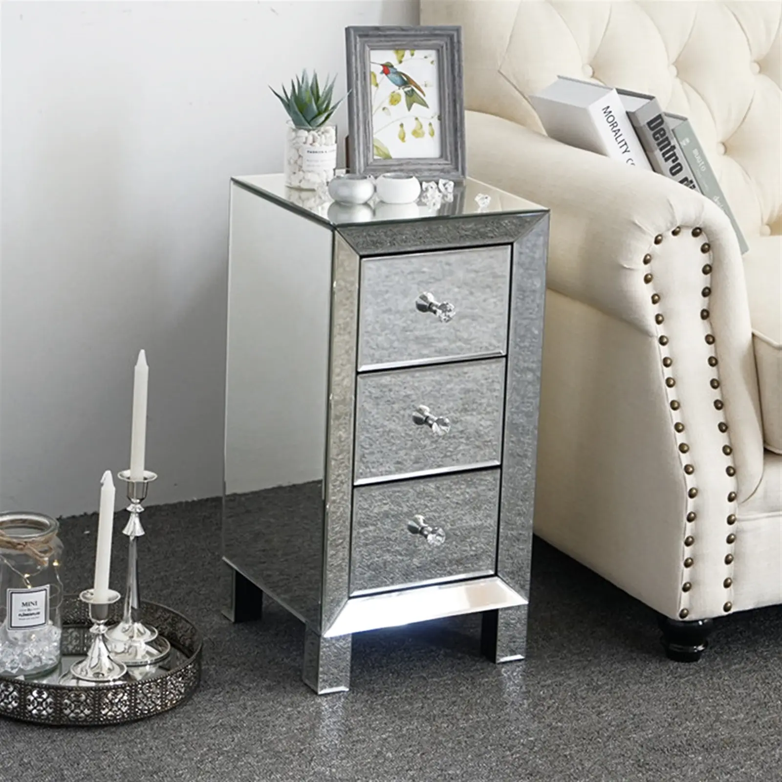 Mirrored 3-Drawer Nightstand Bedside Table - Sparkle, Glamorous, Modern Bedroom, Eco-Friendly Mirrored Bedroom Furniture, Contemporary Indoor Table