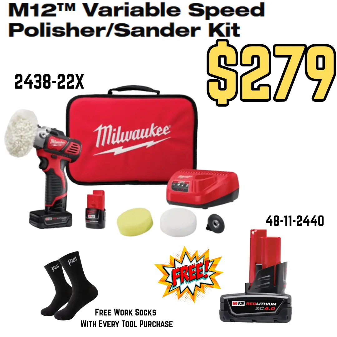 Milwaukee M12 Cordless Lithium Ion Polisher & Sander, Wool Pad Ready Polishing Kit with FREE XC4.0 Battery, Foam Pads Included