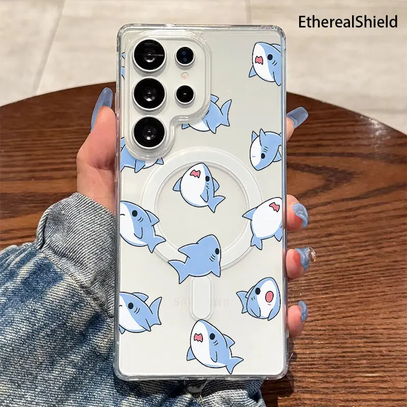 Cute Blue Sharks Swimming with Funny Faces and CharmPrinted Phone Case Transparent Acrylic Magnetic Anti-Drop Clear,Samsung Galaxy S26 S25 S24 S23 S22 S21 S20 Fe Plus Ultra Edge S10E A57 A56 A55 A54 A37 A36 A35 A34 A26 A25 A24 A23 A17 A16 A15 A14 A07 A06
