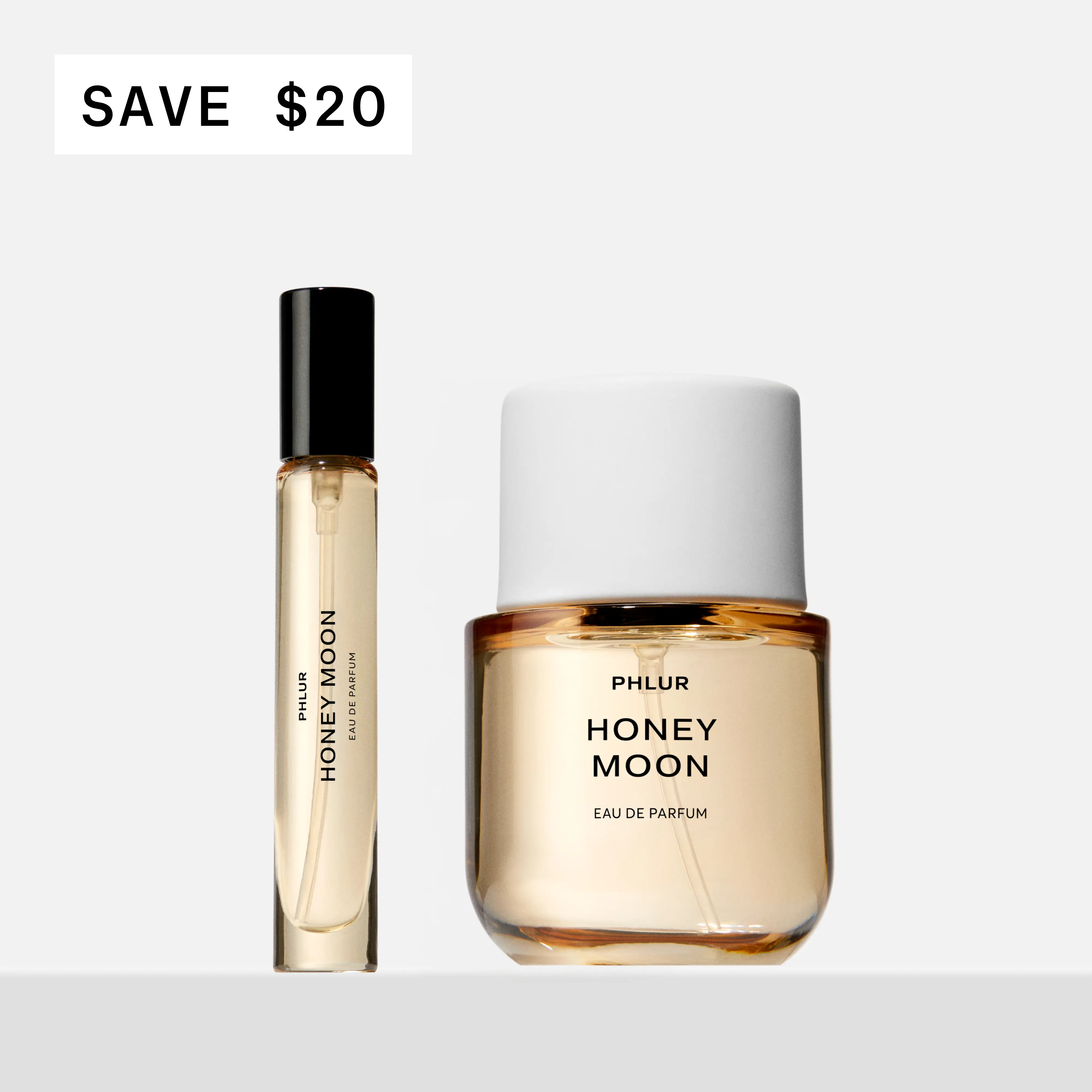 PHLUR Honey Moon Eau de Parfum Duet - Full + Travel Size Perfume Set with Mandarin, Orange Blossom, Honey, Saffron (50mL + 9.5mL)