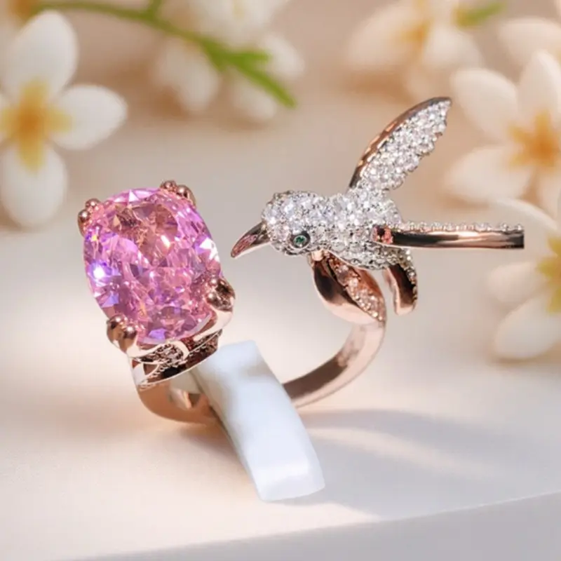 Women's Cute Pink Cubic Zirconia Hummingbird Open Ring - Customizable Costume Jewelry, Ring Stack Accessory, Couple Gift for Daily Wear, Cute Rings, Fashion Rings