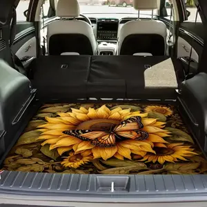 Sunflower butterfly pattern design, multifunctional car trunk pad, polyester fiber material, trunk decoration pad, car carpet, durable, easy to clean, protecting the car from wear and tear, compatible with most car models