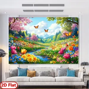 Green Foliage & Bright Blooms Banner Painting - No-Electricity Indoor Backdrops, Festive & Party Decoration Supplies, Ideal for Home & Birthday Celebrations