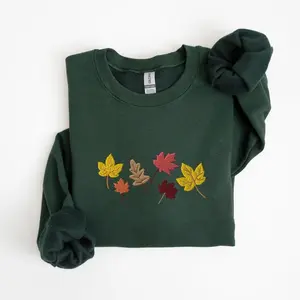 Embroidered Fall Leaves Sweatshirt, Autumn Crewneck Sweatshirt, Embroidered Leaves Shirt, Thanksgiving Sweater