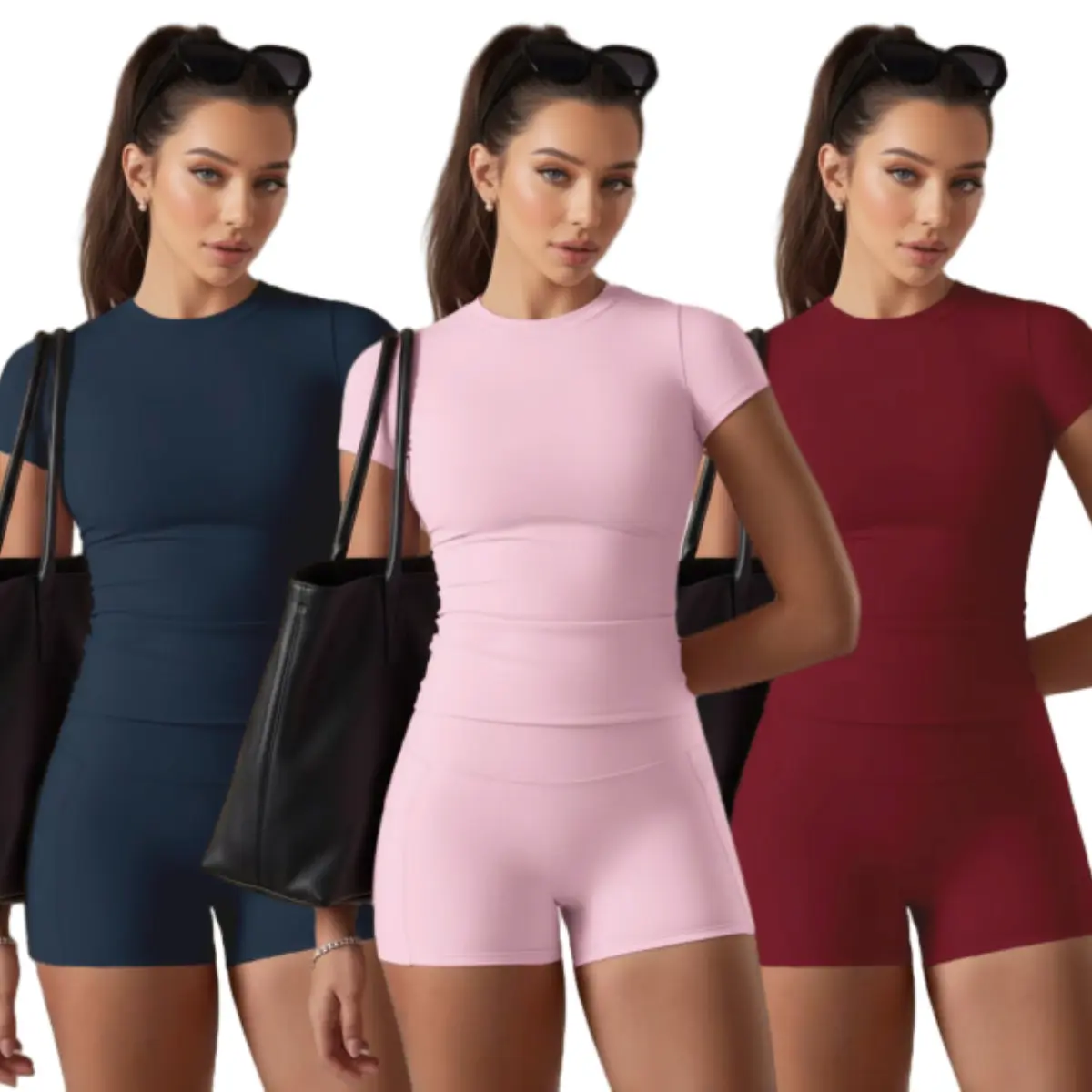 Women's 2 Piece Sets Workout Clothes - Fitted Short-Sleeve Top & High-Waisted Pockets Shorts, Sporty Casual Wear with Flexible, Skin-Friendly, Breathable Material, Tummy Control, Ideal for Outdoor Activities