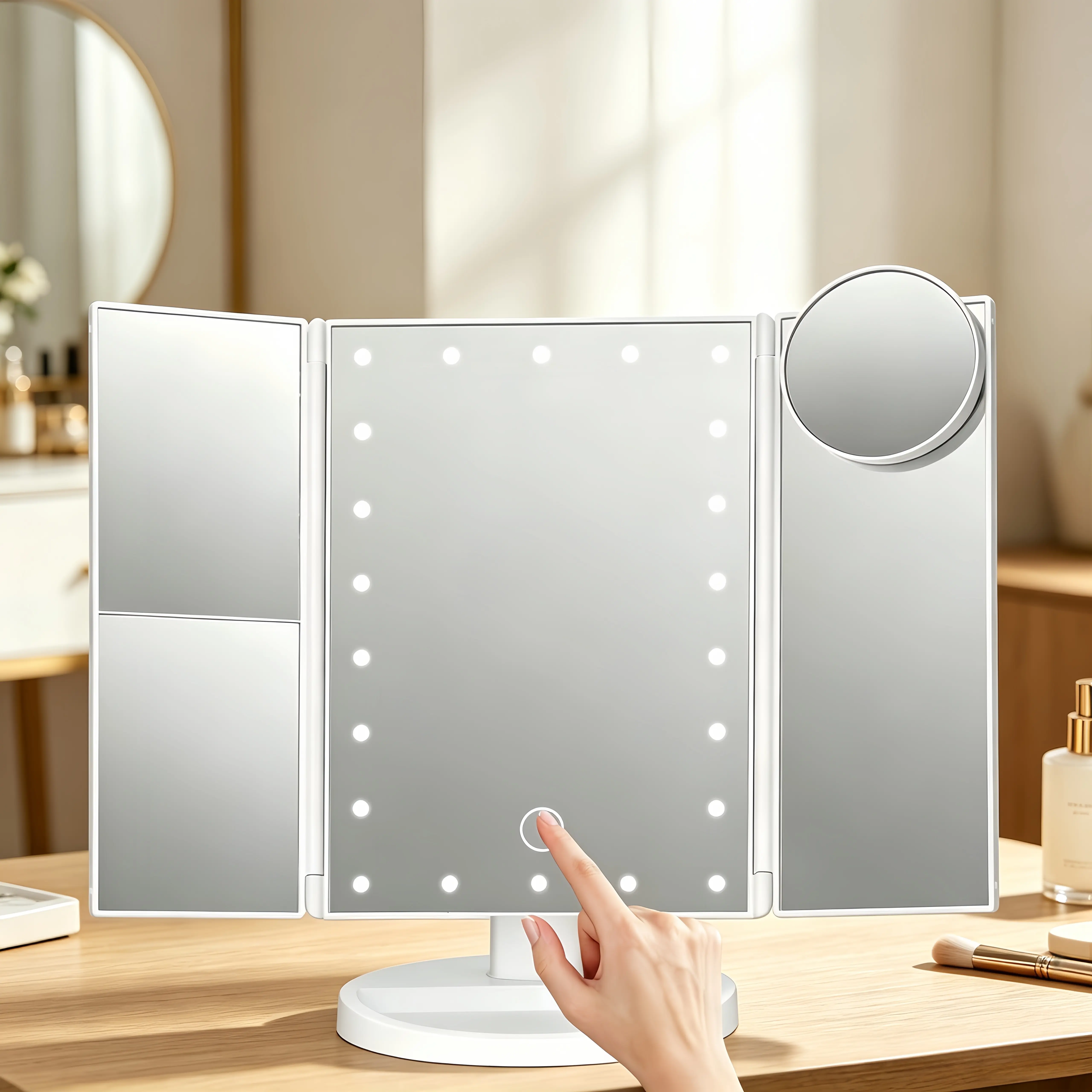 Three-fold LED bathroom makeup mirror, with magnification ratios of 1x, 2x, 3x, and 10x. Touch control LED makeup mirror that can adjust brightness. 360-degree rotatable and detachable base. Dual USB and battery-powered travel makeup mirror.