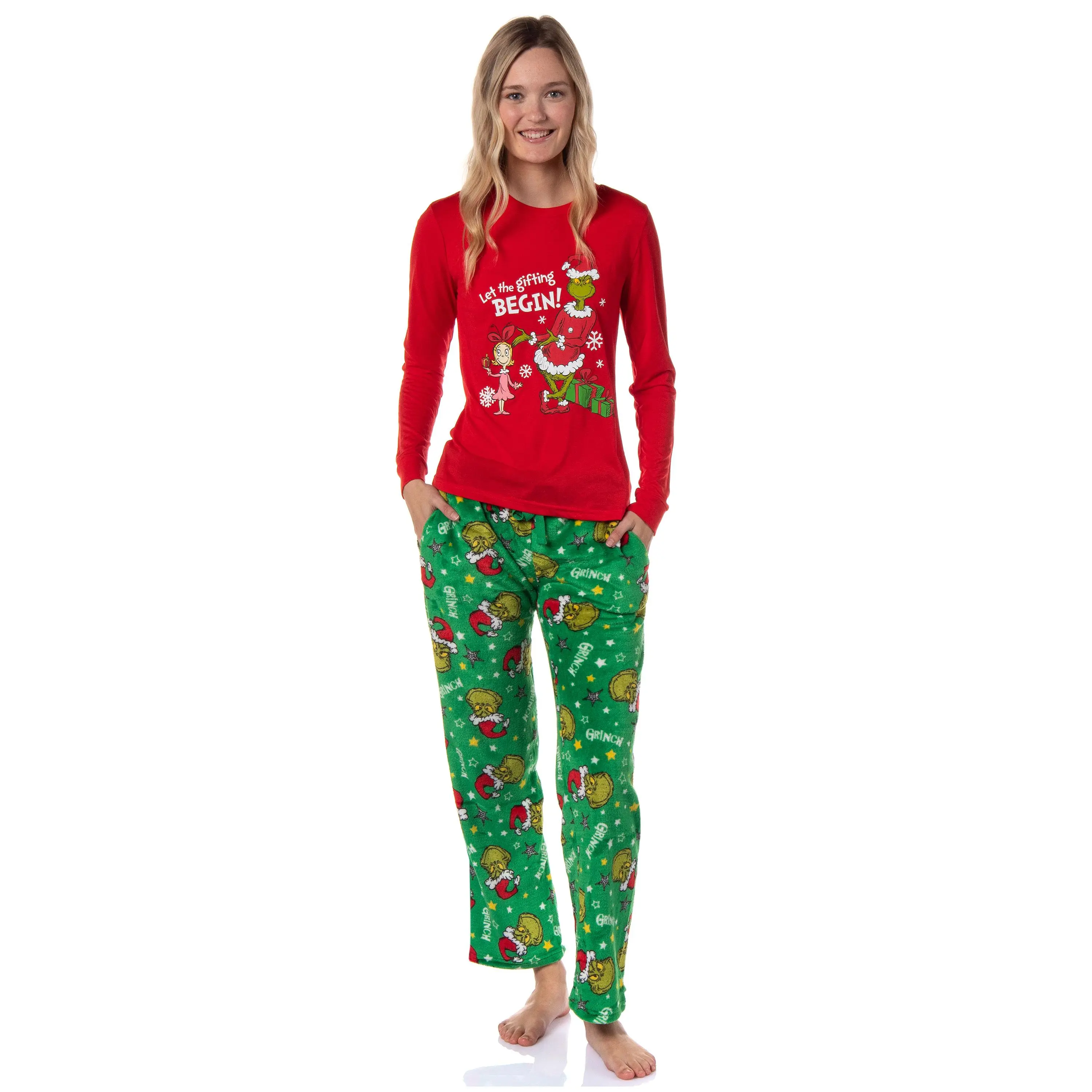 Dr. Seuss' The Grinch Pajama Set, Juniors' Plush Long Sleeve Holiday Style 2-Piece Nightwear