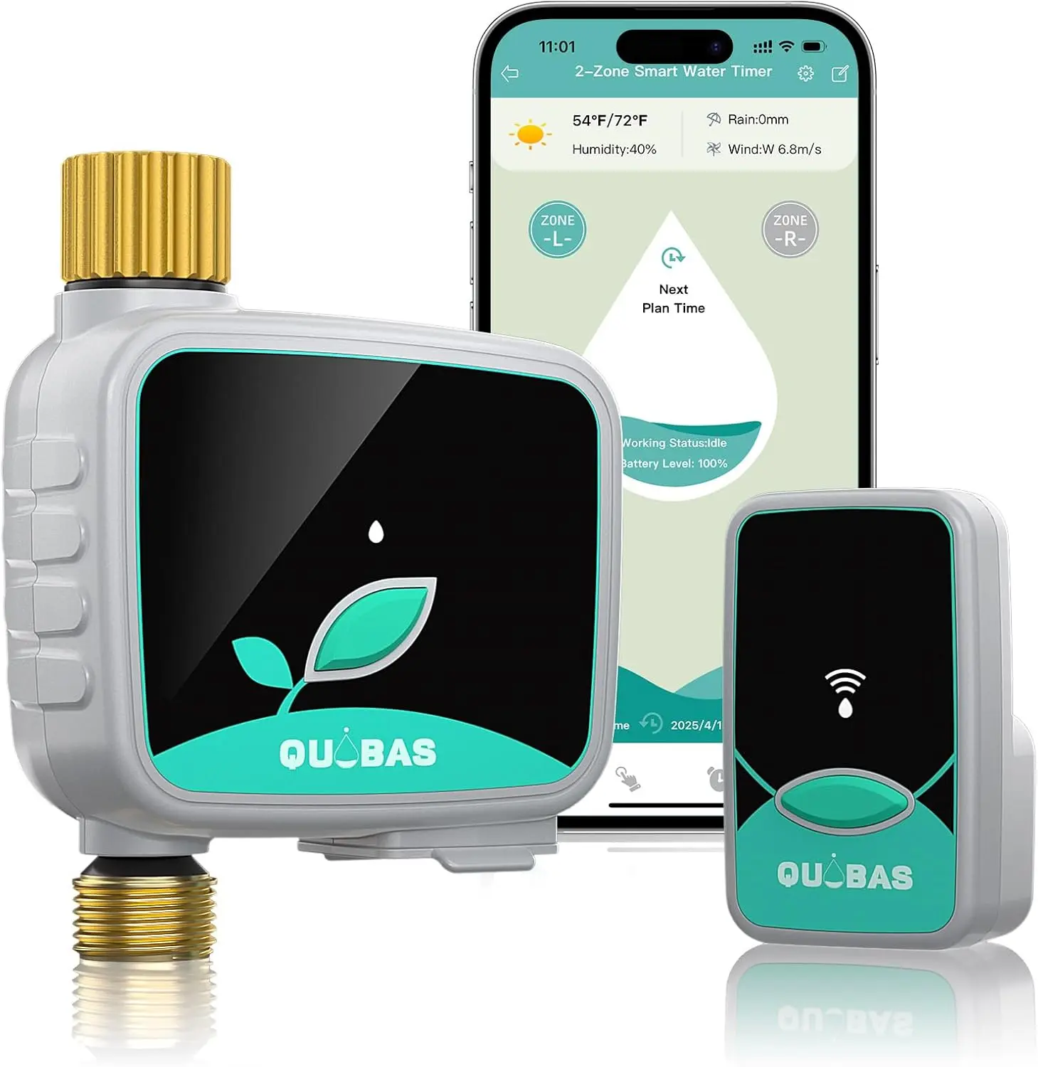 QUOBAS Smart WiFi Pure Brass Sprinkler Timer - 1 Zone LCD Automated Equipment with App Remote Control, Rain Delay, Auto/Manual Modes, Emergency Watering, Battery-Powered for Garden Hose, Greenhouse Irrigation, High Water Pressure Use