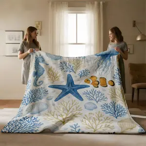 Lightweight Ocean Blanket Soft Flannel Throw Blanket, Watercolor Starfish Seahorse Clownfish Coral Shell Print, Ideal for Sofa Office RV Bedroom, Watercolor Prints