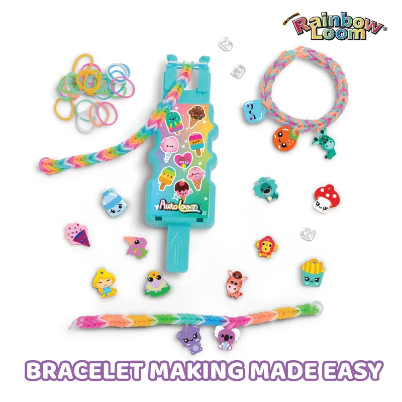 Rainbow Loom Loomi-Pals Collectible Bracelet Kit - Auto Loom for Faster Bracelet Making with 300 Rubber Bands & 30 Loomi-Pals Charms Diy Beading Accessories Beaded Jewelry
